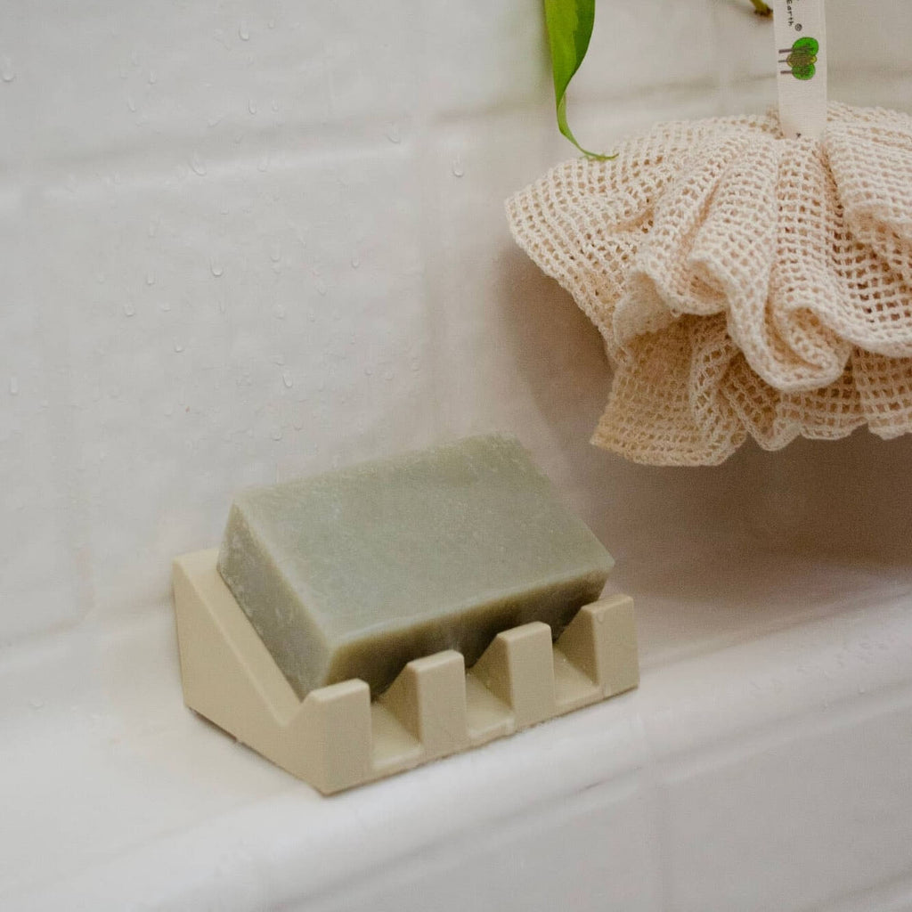 Bar of soap on a holder with a loofah in the background