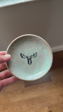 Hand holding mini-plate with moose design.